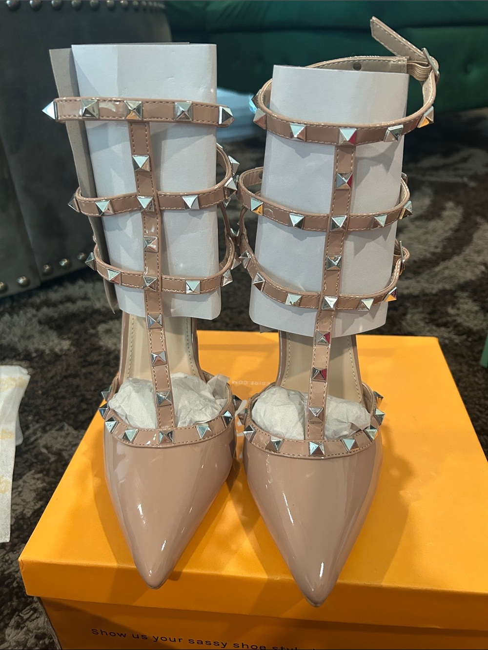 Public Desire Blush Patent Studded Pointed Stiletto Heels